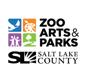 Logo with design of a bird, paint palette and paint brush, people giving high five, tree with path