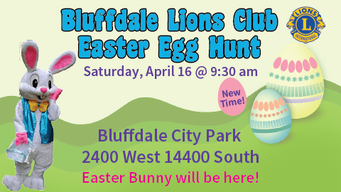 Information about the annual Easter egg hunt on April 16 @ 9:30 am at the Bluffdale City Park. 