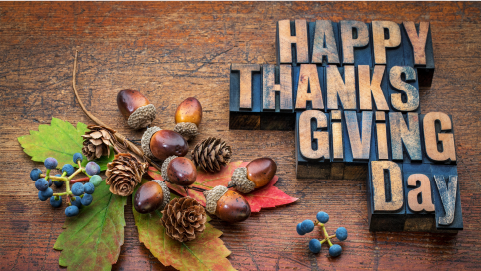 Wood background with acorns and fall colored leaves