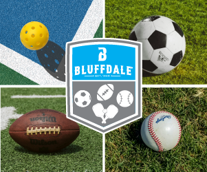 Images of pickleball on a court, soccer ball, football, and baseball