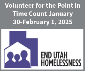 Utah state shape, silhouettes of 3 people in a simple shaped house - End Utah Homelessness logo