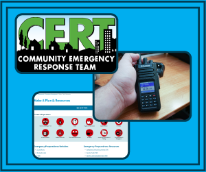 CERT Logo, hand holding HAM radio, screenshot of website