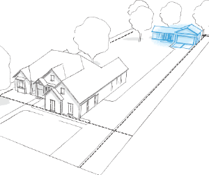 Line drawing of a house with an accessory dwelling unit