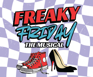 Illustration of tennis shoes & high heels w/words Freaky Friday on purple & white squares background