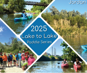 Various pictures of people on paddleboats in the river
