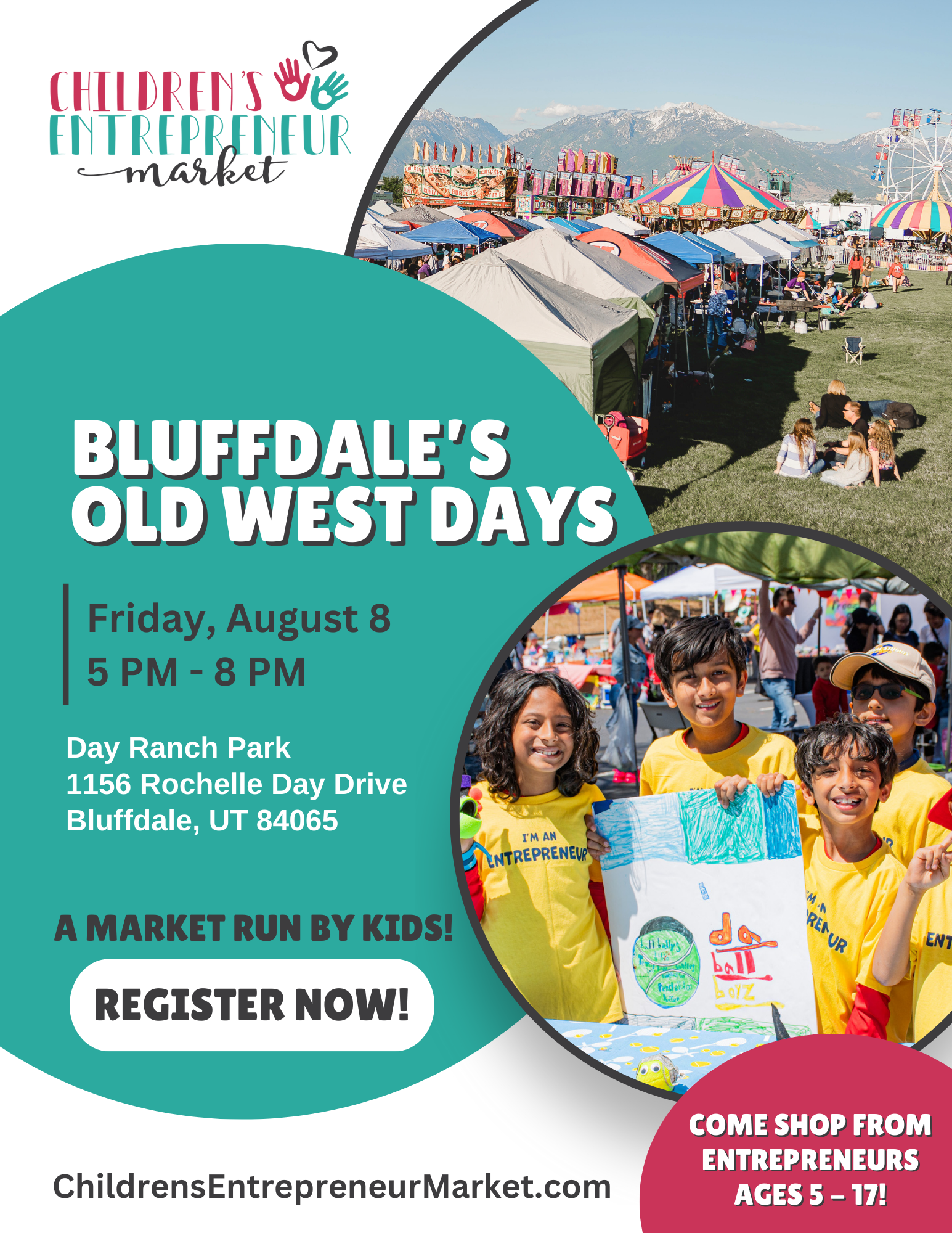 Children holding a poster and tops of tents at a carnival