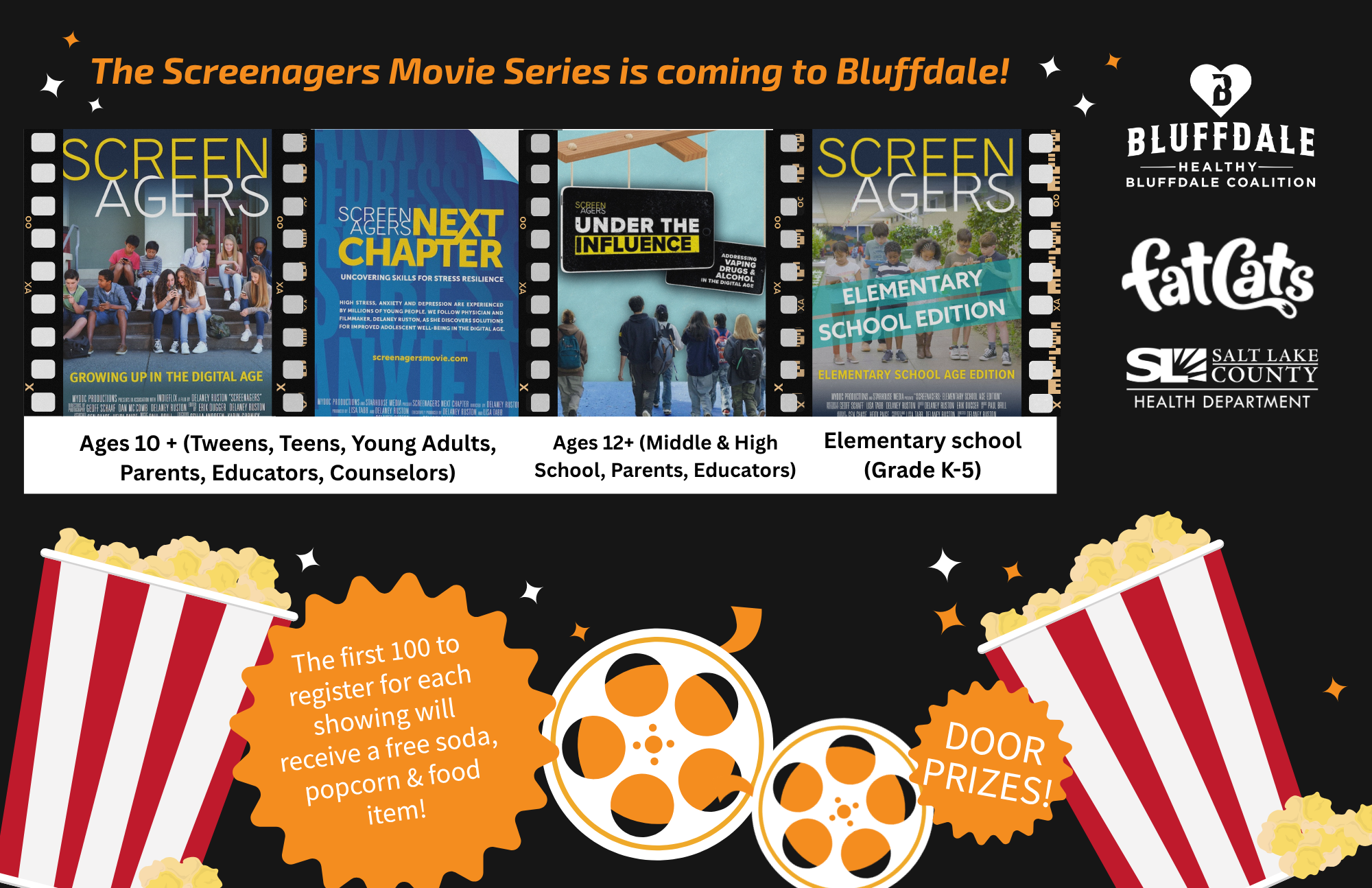 Images of the four screenager movie series with illustration of popcorn buckets and movie reels