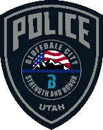 Bluffdale Police Patch black background with dark grey writing