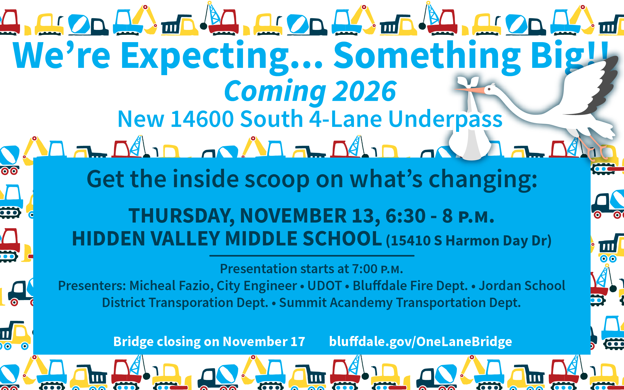 Background pattern of construction equipment and a stork carrying a bundle in beak